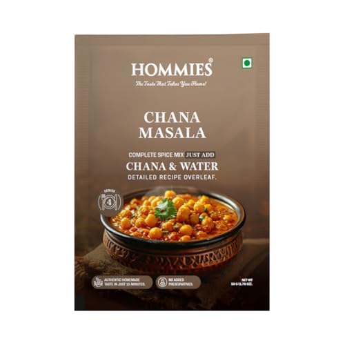 Image of Hommies Chana Masala Spice Mix | Ready to Cook in 15 Mins | Authentic Chhole Curry Masala | Just Add Chickpeas & Water | Serves 4 | Made with Cashew Nuts | No Preservatives | Pack of 4 (200g, 50g Each)