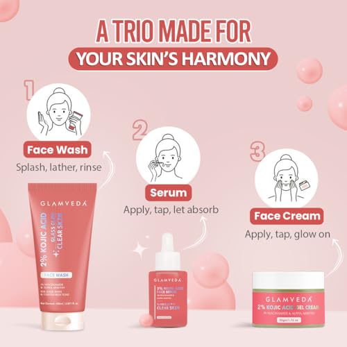 Image of Glamveda 2% Kojic Acid Facewash, Serum & Cream Trio - Brightening, Hydrating & Acne Scar Treatment | Fades Dark Spot |, Evens Tone & Promotes Clear and Glowing Skin
