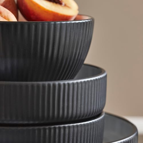 Image of Christian Siriano Larosso 12-Piece Stoneware Dinnerware Set with Dinner Bowls and Pasta Bowls, Plates and Bowls Set, Dish Set for 4, Black