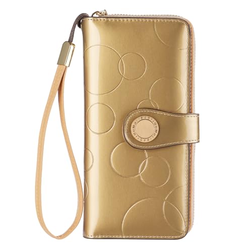 Ladies' fashionable leather wallet, large capacity with multiple card slots, zipper and snap closure, RFID shielded credit card holder for protection, long wallet with wrist strap (Golden)