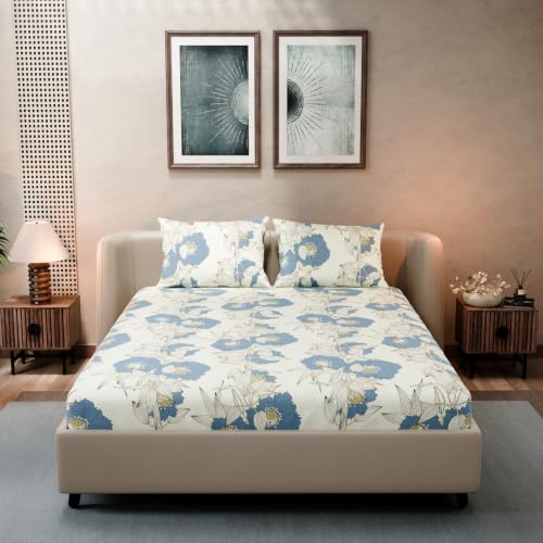 Image of BLISSHOME SoftTouch 140TC Cotton King Size Fitted Bedsheet with 2 Pillow Covers, Silky Smooth Bedding Set, Breathable, Easy Maintain, Floral Print - Ivory, Blue (182cm x 198cm x 25cm Drop)