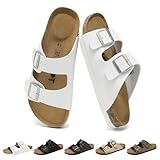 Wizshoe Sandalias Mules Hombre Zapatillas Planas Verano Zuecos Sandals de Corcho Zapatos Planos con Hebilla Ajustable Cómodos con Plantilla Ergonómica Transpirables Interior Exterior Blanco 46 EU