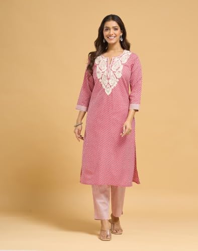 Image of Fabnu by Fabindia Women's Cotton Embroidered Kurta Pant Dupatta Set