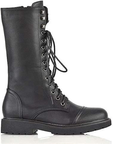 ESSEX GLAM Womens Lace Up Boots Ladies Black Synthetic Leather Mid Calf Combat Low Heel Platform Zipper Biker Goth Shoes 6 B(M) US | Image 1