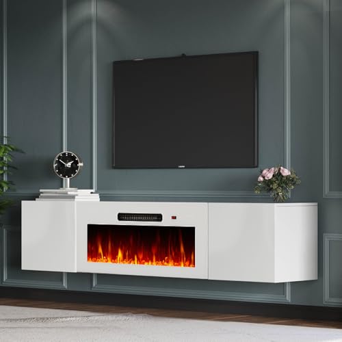 Image of AMERLIFE Floating TV Stand with 36 inch Electric Fireplace, High Gloss Finish Wall Mounted Fireplace Entertainment Center with Storage for TVs Up to 78 inch, All White