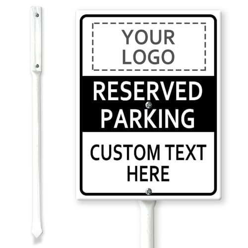 Horienteeon Reserved Parking Text Logo Custom Black Yard Sign with Stakes 17.5×22cm, Sturdy Aluminum Custom Signs Rust Free, Personalized Custom Signs for Outdside, Blank Statement Plaque