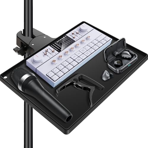 BILIONE Microphone Stand Tray with Crab Clamp, 10.6 x 7.8 Large Shelf Attachment Clamp on Studio Music Floor Stands for Storage (Tray)