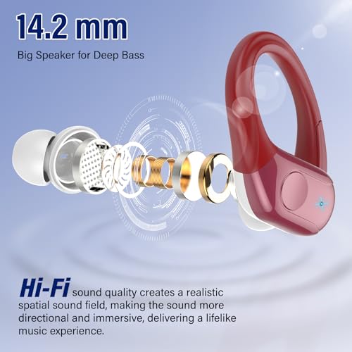 Image of Qecnato Bluetooth Headphones Over Ear Buds with Earhooks LED Display Bluetooth Earbuds IP7 Waterproof Earphone for Running Maroon