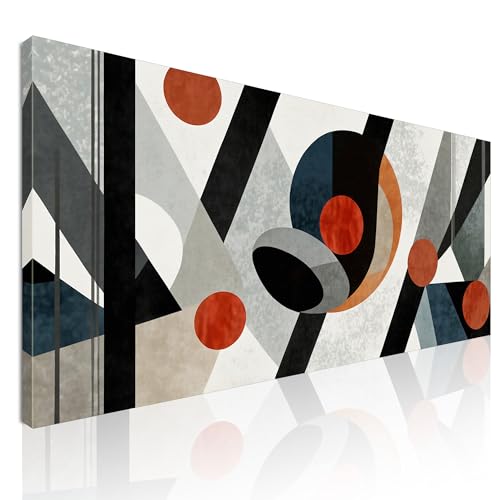 CheQuadro! Quadro moderno astratto su tela per il soggiorno Geometrie Dinamiche in Bianco, Nero e Rosso intelaiato pronto da appendere absh20-150x70 cm