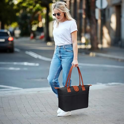 Image of Tote Bag for Women, Casual Hobo Foldable Shoulder Zipper Handbag | Water Repellent Nylon with Leather Handles Fit 15 inch Laptop for Work Weekender Travel Commute