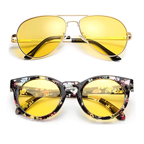 SODQW Round Night-Vision Driving Anti-Glare Glasses, HD Sight Polarized Yellow Night Guide Rainy Safe Glasses