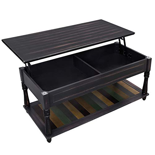 VASAGLE Lift-Top Coffee Table with Turned Real Wood Legs and Lower Shelf, 2 Hidden Storage Compartment, Assembly Without Tools for Living Room Home Office Dining Country Brown ULCT14GL