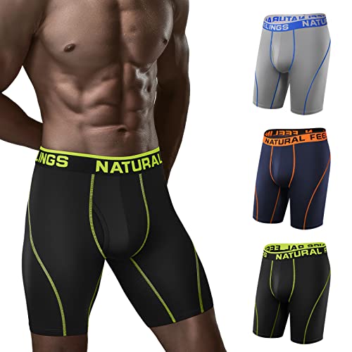 Natural Feelings Long Mens Underwear Boxers Performance Sports Dry Fit 9inch Long Leg Boxer Shorts Men E:blue Green Orange Pack of 3, XL