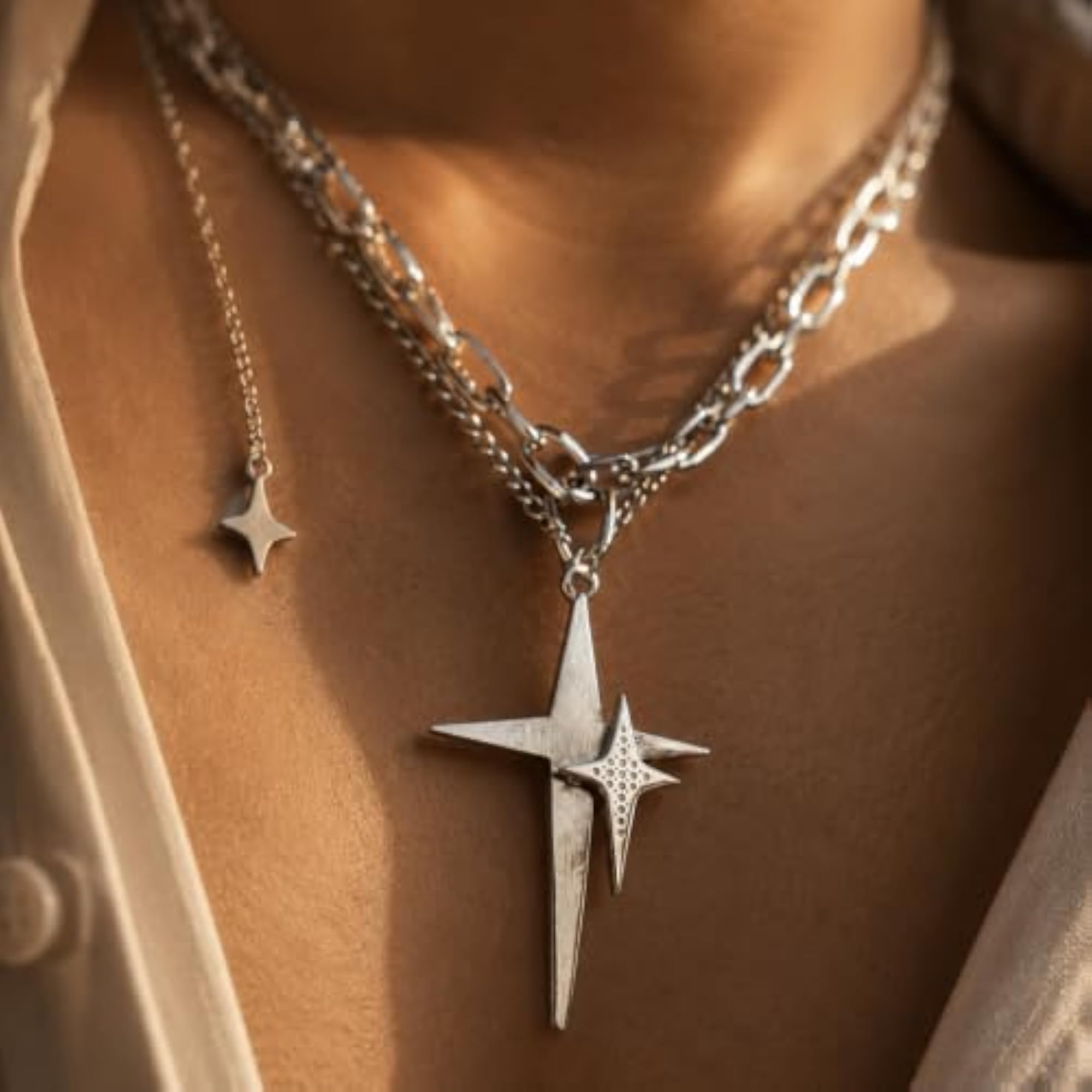 Cosmic Dual Star Charm Necklace, Celestial Design