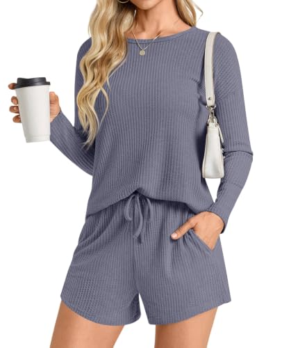 Image of Anydoll Womens Pajama Sets Waffle Knit Lounge Sets Long Sleeve Top and Shorts 2 Piece Loungewear with Pockets