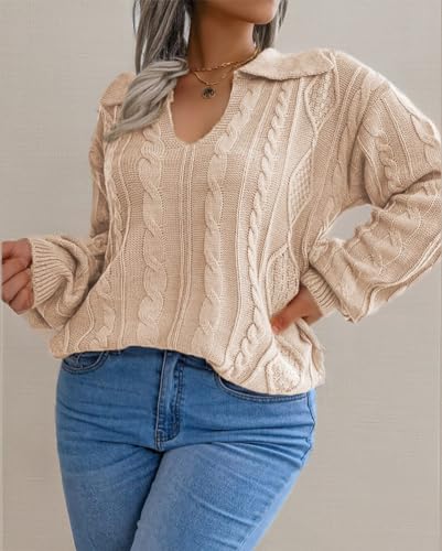 Image of Plus Size Sweaters for Women Polo V Neck Chunky Cable Knit Pullovers 1X-5X