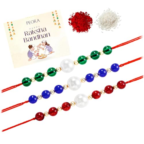 Image of Peora CZ Pearl & Crystals Studded Thread Rakhi for Brother Bhaiya | Combo Set of 3 | Raksha Bandhan Hamper with Roli Chawal & Greeting Card