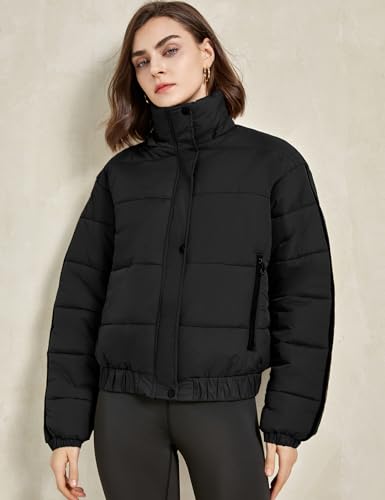 Gihuo Women's Cropped Puffer Jacket Hooded Zip Up Stand Collar Padded Coat Winter Quilted Jackets Outerwear4
