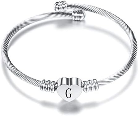 SBI Jewelry Initial Letter Cuff Bracelets Silver Heart Bangle Bracelet English Alphabet A-Z Gift for Women Girls Birthday