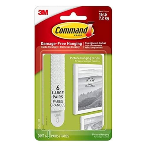 Image of 3M Command Large Picture Hanging Strips, Holds 7kg, No Paint Damage, Heavy Duty, Holds Strongly, Adhesive hooks for wall, Multi-surface, Pack of 6 (White, 8 strips each)