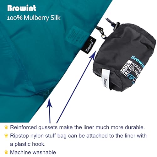 Image of BROWINT Silk Sleeping Bag Liner, Silk Sleep Sack, Extra Wide 87 inchx43 inch & 87 inchx34 inch, Lightweight Travel Sheet for Hotels, Envelop Style 73 inchx34 inch, Hooded Mummy 87 inchx37 inch, More Colors, Reinforced Gussets
