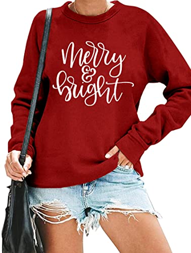Image of Christmas Sweatshirt Women Merry and Bright Christmas T-Shirt Funny Xmas Lights Blouse Tops Holiday Shirts