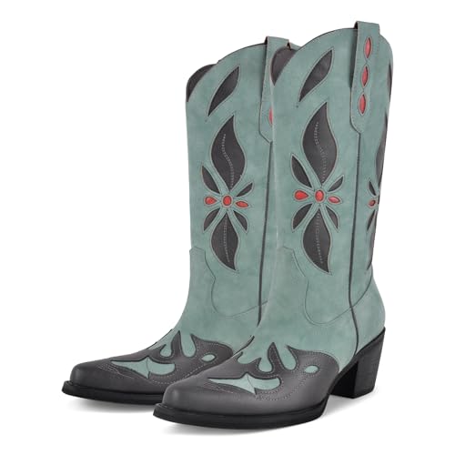 sexytag Embroidered Western Cowboy Boots for Women Cutout Pointed Toe Chunky Low Heel Vintage Pull On Cowgirl Boots3