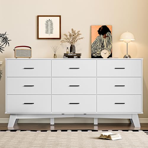 Image of BORNOON Dresser for Bedroom with 9-Drawer, 59 inch Wide Modern Chest of Drawers with Metal Handles, X-Shape Base & Adjustable Center Leg, Anti-Tip Closet Organizers and Storage
