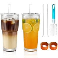 Forbabe 2 Stück 600ml Trinkgläser mit Deckel und Strohhalm, Groß Gerippte Glasbecher Wiederverwendbare Eiskaffee Gläser Durchsichtig Latte Macchiato Gläser zu Heiße/Kalte Getränke für Alltag Reisen