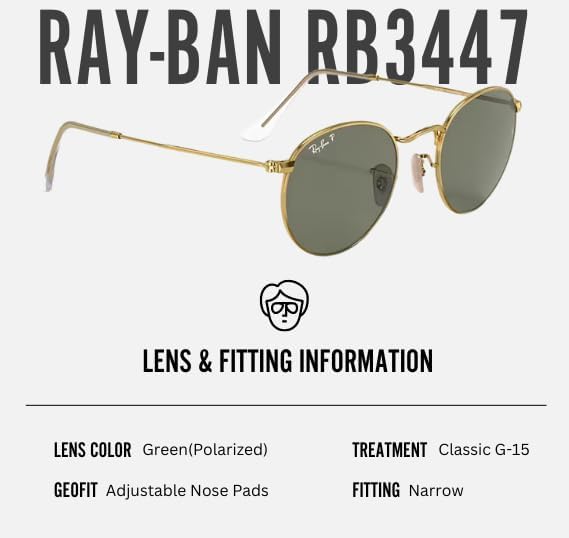 Ray-Ban RB3447 ROUND METAL Round Shaped Sunglasses for Men & Women with Official Eyewear Kit Polished Arista Gold Frame |Polarized G-15 Green Lens 50 Millimeters image 5 of 7 B0D4852L36