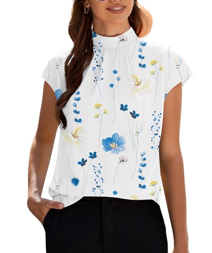 Image of Funlingo Womens Summer Tops Mock Neck Short Cap Sleeve Blouses Business Casual Work Chiffon Shirts Front Pleated Tunic Top