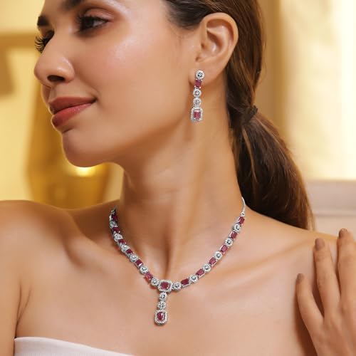Image of Rubans American Diamond Zirconia Necklace Set Stylish Jewellery Gift for Women & Girls