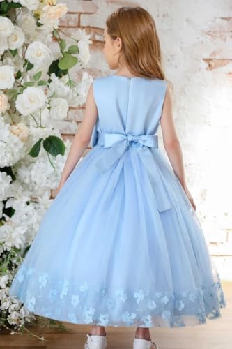 Tulle Flower Girl Dresses for Wedding with Appliques Pageant Dresses Crewneck Sleeveless Formal Ball Gown with Bow3