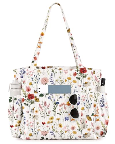 Miss Adola Linda bolsa feminina de veludo cotelê - Bolsa de lona de ombro de grande capacidade com zíper, vários bolsos para compras, trabalho, Flor vintage, One Size