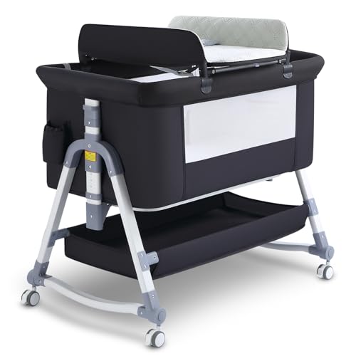 Image of Uuoeebb 4 in 1 Bedside Bassinet for Baby, Portable Baby Bassinet with Wheels, Baby Crib with Changing Station, Mattress Included and Storage, Foldable Travel Bassinet for Baby/Infant/Newborn- Black