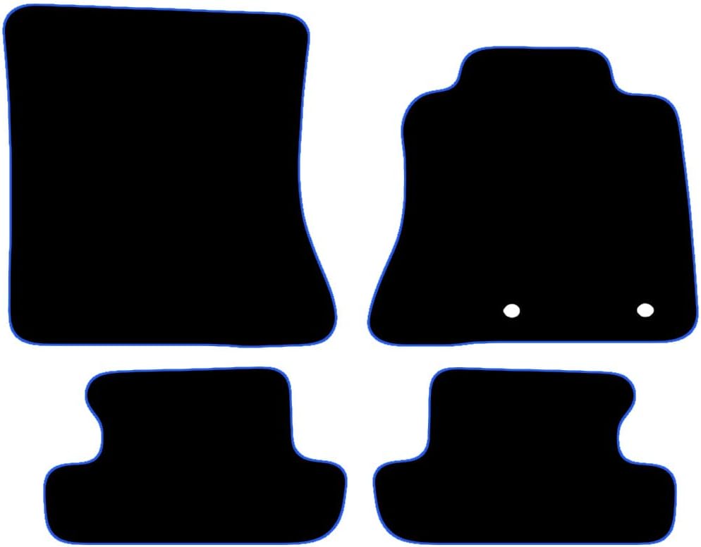 Carsio Carpet Car Mats For Ford Mustang 2015+ Onwards 4 clips Tailored Fit Floor Mat Set Complete Accessory Black Custom Fitted - All Weather, Anti-Slip Backing & Blue Trim