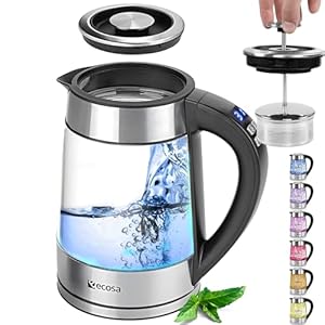 Ecosa® 2in1 Wasserkocher & Teekocher Glas Edelstahl mit Temperatureinstellung & separatem Teesieb Einsatz- 1,7 Liter 2.200 Watt - BPA Frei mit Temperaturwahl 40°C-100°C - LED - Warmhaltefunktion