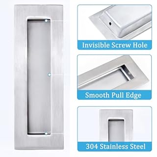 Dontay Pocket Door Pull Handle,304 Stainless Steel,Rectangle Recessed Flush Finger Pulls & Edge Spring Pull,No Lock,Hardware Set for More Than 1-1/8” Thickness Sliding Door(Brushed Nickel,6'')