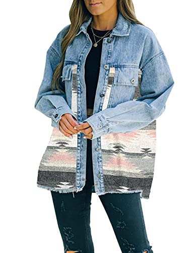 Lumister Women's Aztec Denim Jacket Distressed Lapel Long Sleeve Vintage Button Down Denim Jacket Shacket