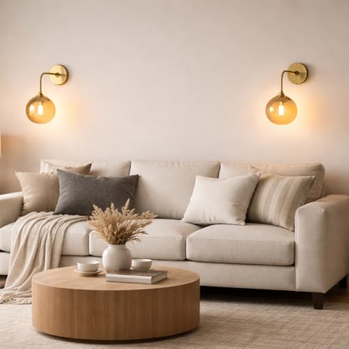 Image of Modern Gold Wall Lamp with Amber Glass Globe | Decorative Wall Light Fixture for Bedroom Living Room Hallway Drawing Room | Elegant Home Decor Wall Mounted Lamp | Without Bulb