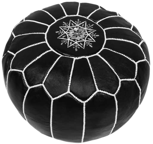 Moroccan Leather Pouf Cover Unfilled Pouf - Leather Pouf Ottoman - Leather Pouf Cover - Boho Ottoman Pouf (Black)- Hand Stitched by Moroccan Artisans - 100% Genuine Leather Pouf