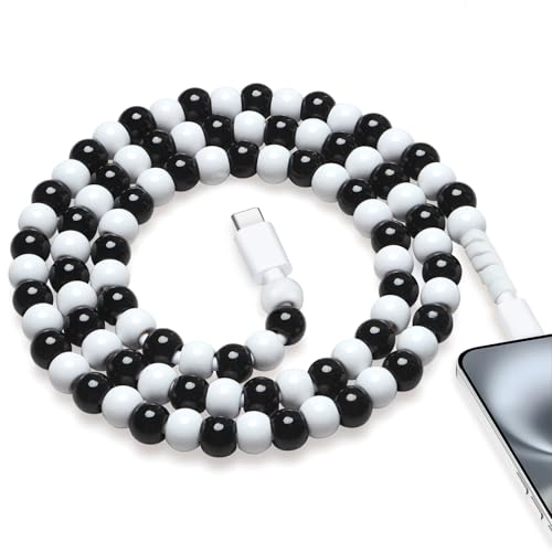 JAKPAK USB C Cable for iPhone Beaded Phone Charger Cord 66W Fast Charging USB A to iOS Cable 3.3FT Stylish Durable Beaded Charging Cord for iPhone Women Girls White Black