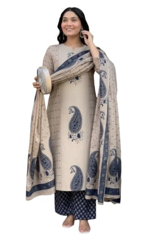 Image of Nermosa Women's Pure Viscose Block Printed Ethnic Wear Straight Kurta Set with Palazzo Pants & Dupatta | Kurta Set for Women | 3 Piece Set