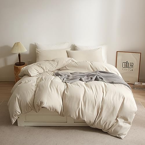 Ruccit Beige Duvet Cover Set Double 100% Brushed Microfiber Double Bed Duvet Cover Soft 3pcs Simple Plain Bedding Set with Zipper Closure Corner Ties-Durable,Fade resistant