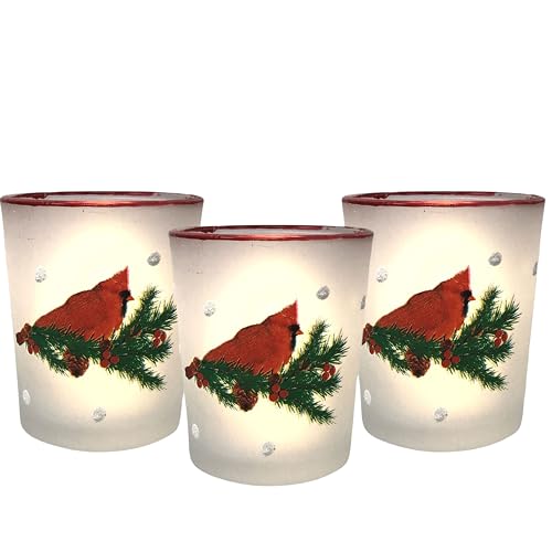 Votive Candle Holders - Set of 3 - Christmas Cardinals with Berries Pine Cones on Frosted White Glass Candleholders -Candles Included - 2.75