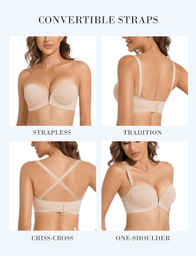 Strapless Bra Push Up Non Slip Deep V Plunge Underwire Bras for Women Super Padded Add 2 Cups4