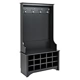 Prepac Entryway Organizer, Coat Rack, Hall Tree features 4 Hooks for Coat Storage, & Hanging Bags; Furniture for Entryway with Bench & 15 Cubbies for Shoe Storage, 38” W x 68” H x 15.5” D, Black