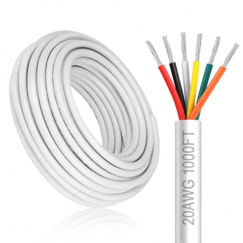 20 Gauge 6 Conductor Electrical Wire, 100FT/30M White Stranded 20/6 Tinned Copper PVC Cable, Extension Wire for LED Strip Lights, Automotive Wiring, Speaker, Alarm, Access Control