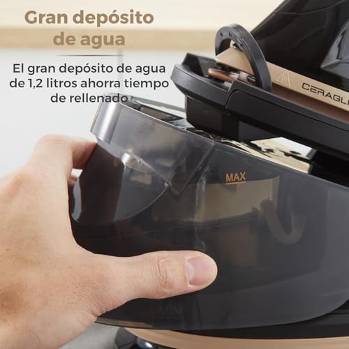 Tower T22023GLD Centro de Planchado – Plancha de Ropa con Generador de Vapor, Suela Cerámica CeraGlide, Botón de Chorro de Vapor y 3 Ajustes de Temperatura, 1.2 L, 2700 W - Oro Champán y Negro - imagen 8
