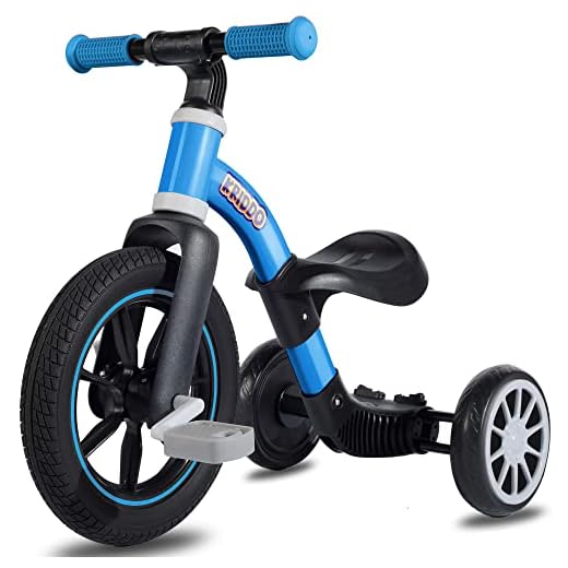 KRIDDO 3-in-1 Kids Tricycles for 2-3 Year Old, 12 Inch Front Wheel Trike and Toddler Balance Bike Bicycle for Boys Girls 2 Years to 4 Years, Removable Pedals for Push and Ride Fun, Blue